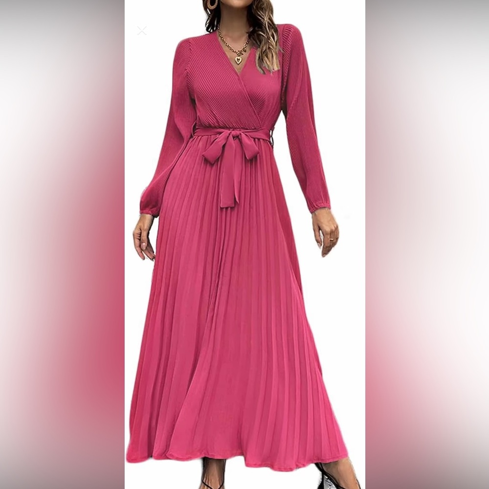 V neck A line pleated long sleeve dress pink xxl
